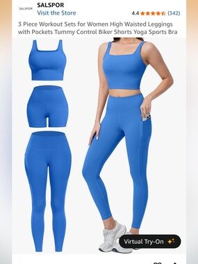 Blue 3-Piece Workout Set — Sports Bra, Biker Shorts & High-Waist Leggings